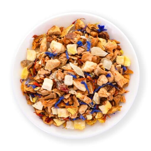 Früchtetee Urlaubsfeeling vereint spritzige Limette mit der exotischen Süße von Litchi und Naranquilla zu einer leichten, fruchtig-erfrischenden Komposition